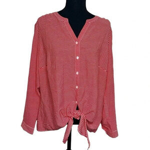 Talbots woman 1X plus-size red pin‎ striped front tied button down shirt